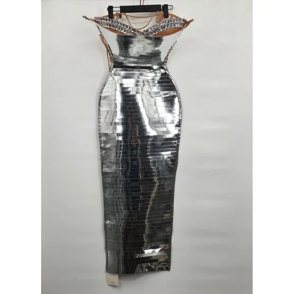 Elegant Silver Strapless Midi Dress - Picture 3 of 15